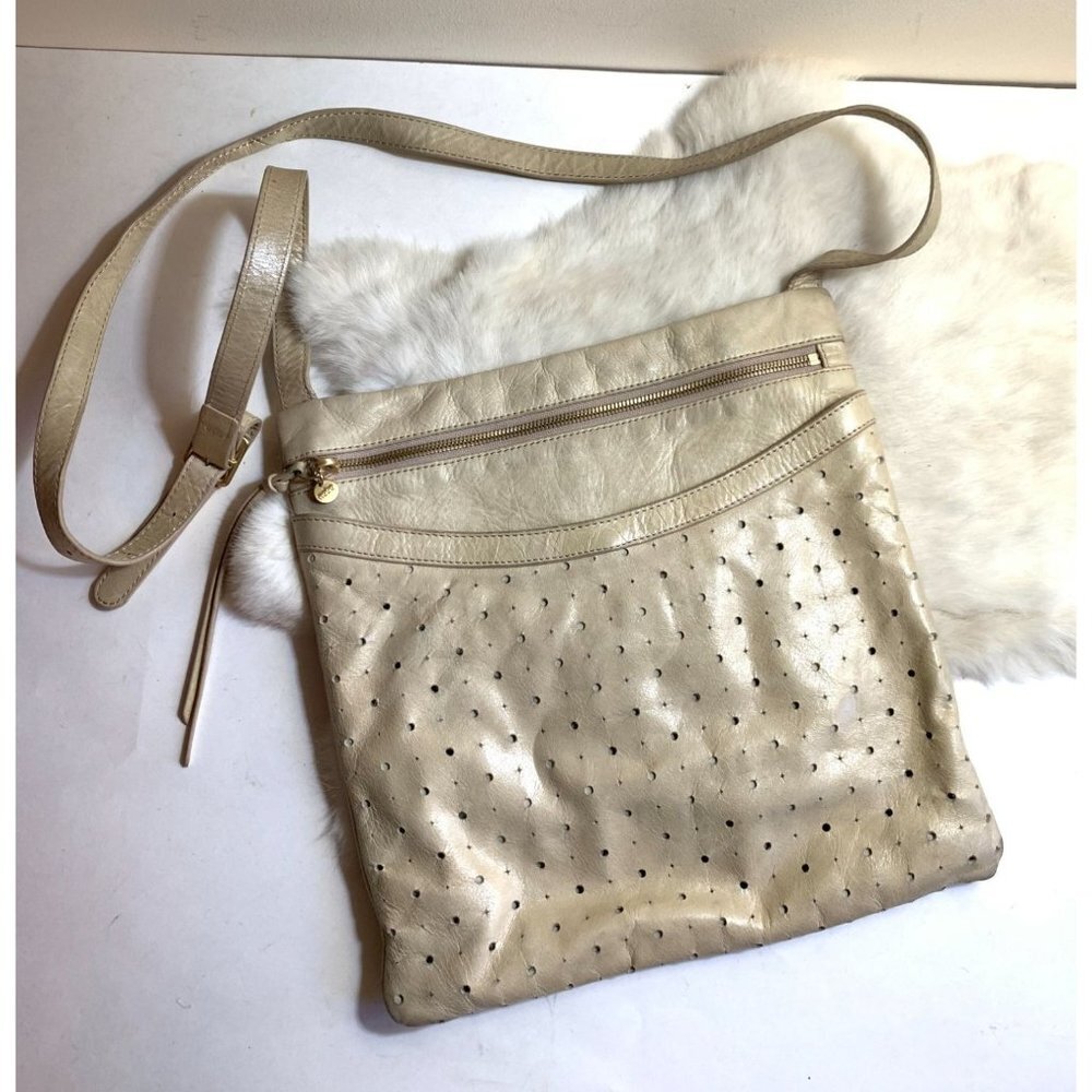 Hobo Perforated Crossbody Bag Beige Leather
